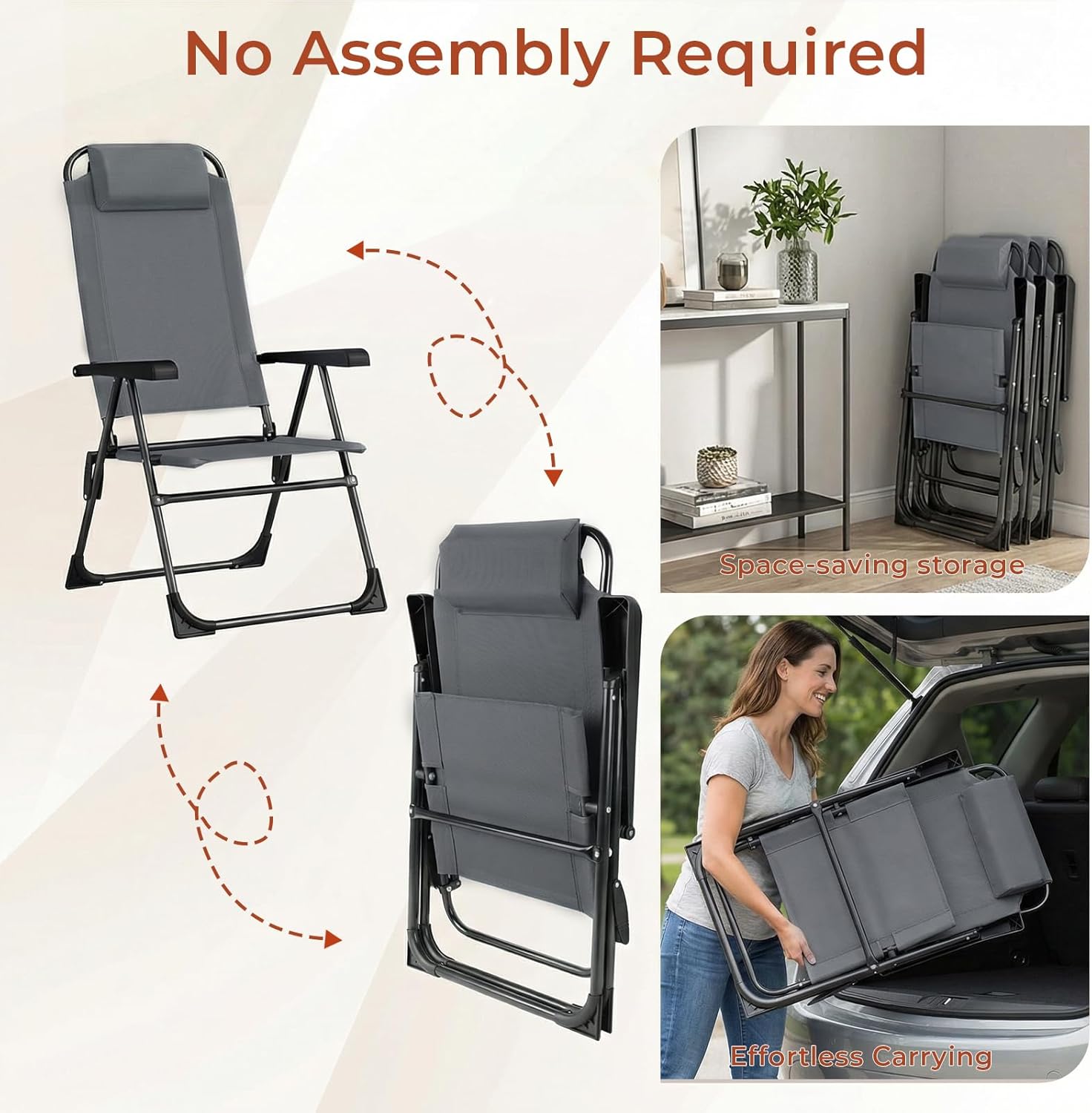 TLSUNNY Folding Patio Chairs Set of 2, Outdoor Lawn Chair w/ 5 Level Adjustable Teslin Back, Removable Headrest, Ergonomic Armrest, Foot Pad, All Weather for Camping, Garden, Pool, 300Lbs (2, Grey)