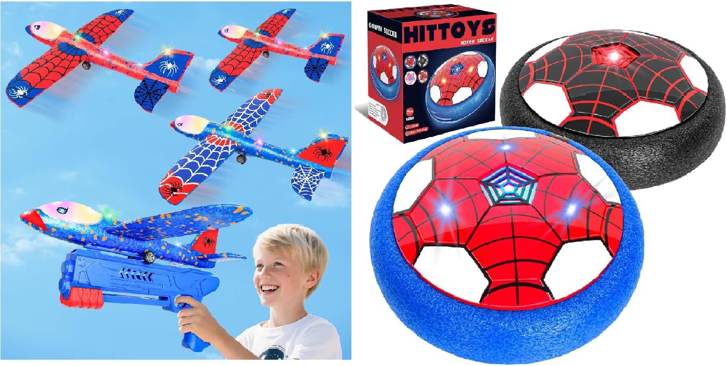 Airplane Launcher Toy for Kids&Hover Soccer Ball Toy for Kids, 3 Pack Spider Foam Gliders Air Planes,2 Pack Indoor Soccer Ball with Led Light for Old Boys Girls Sport Games Birthday