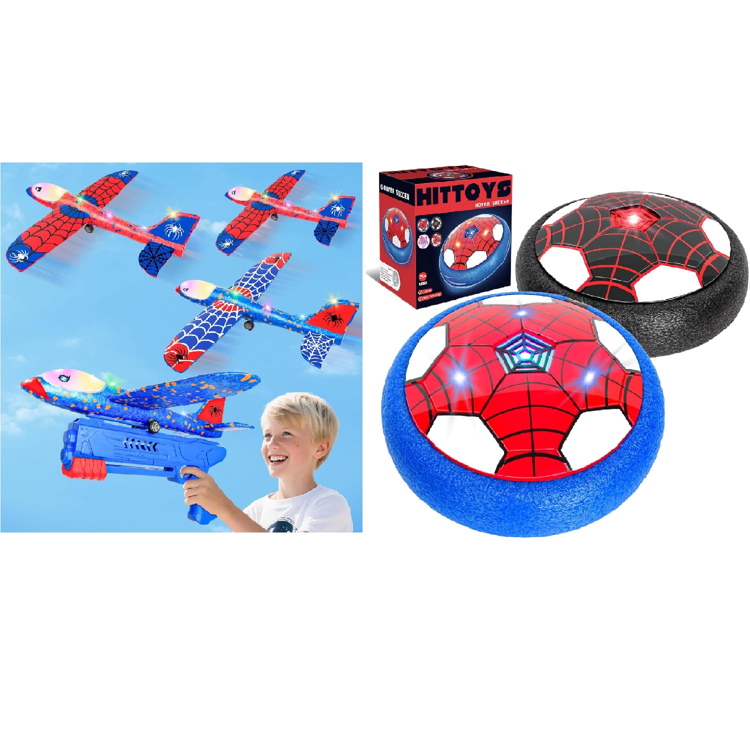 Airplane Launcher Toy for Kids&Hover Soccer Ball Toy for Kids, 3 Pack Spider Foam Gliders Air Planes,2 Pack Indoor Soccer Ball with Led Light for Old Boys Girls Sport Games Birthday