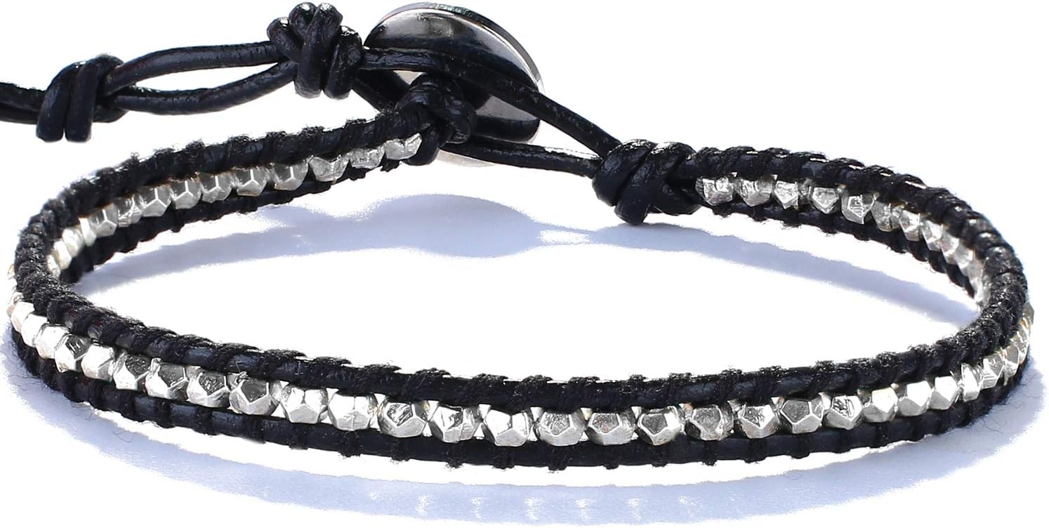 KELITCH New 925 Silver Beaded Friendship Bracelets Bangle Handmade Leather Wrap Bracelets for Women