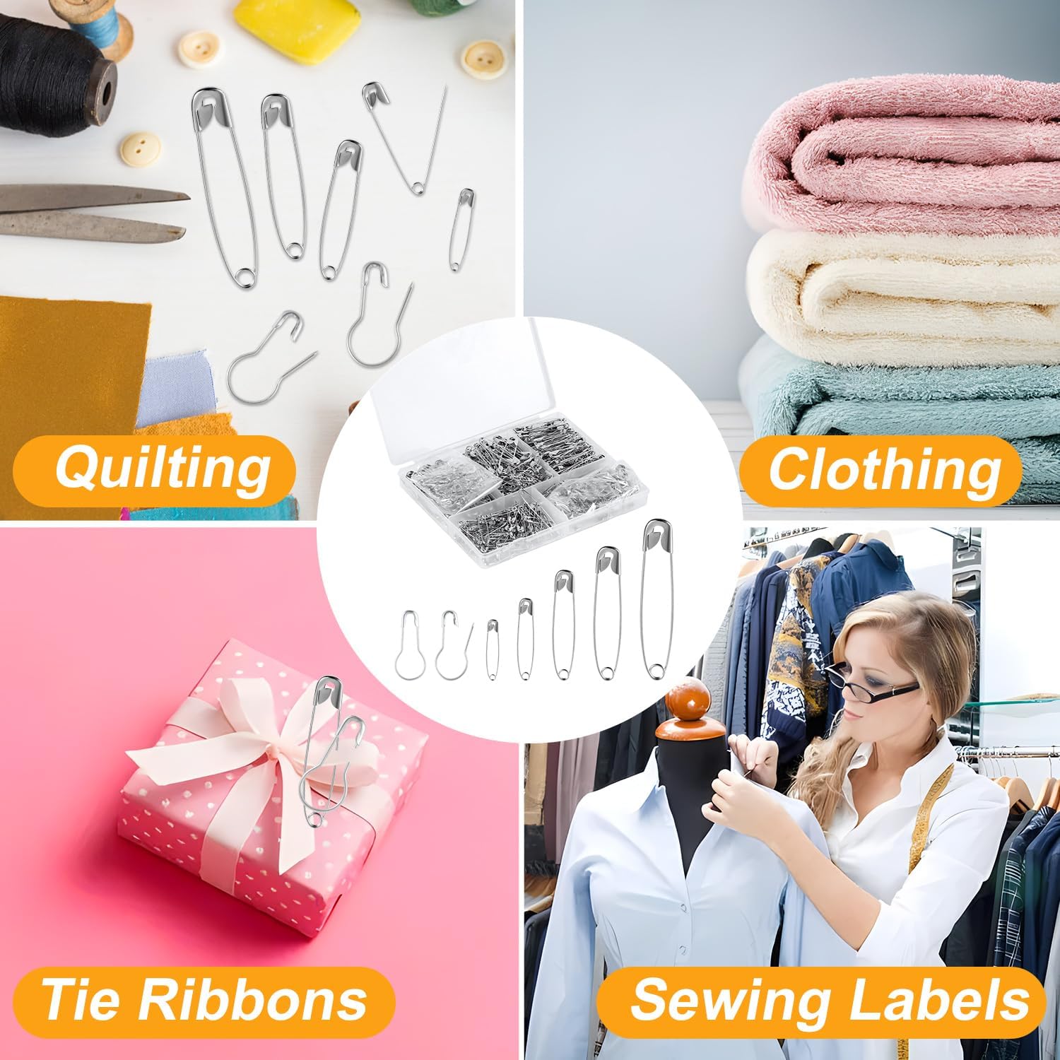 500pcs Safety Pins Assorted Size, 2 Design Metal Stainless Steel Sewing Bulb 22/19/28/38/45/54mm Strong Small Clothing Tag Gourd Calabash Bulb Pin with Storage Box for Clothes Craft Knitting Quilting