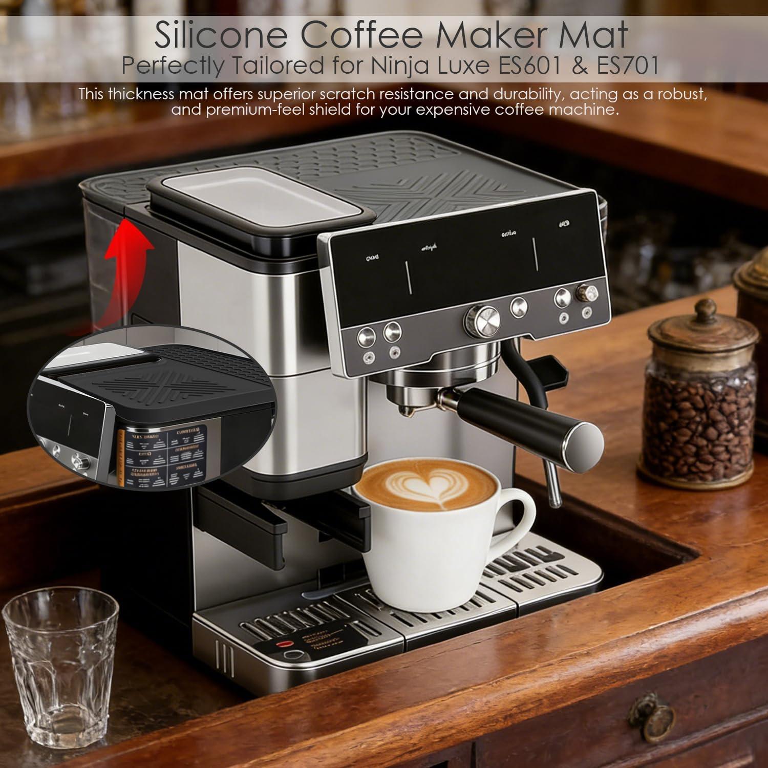 3-in-1 Silicone Coffee Maker Mat for Ninja Luxe Café ES601 & ES701: Top Mat + 24"x16" Coffee Bar Mat + Espresso Tamping Mat, Waterproof & Anti-Slip Base & Food-Grade Silicone Pads (Black)