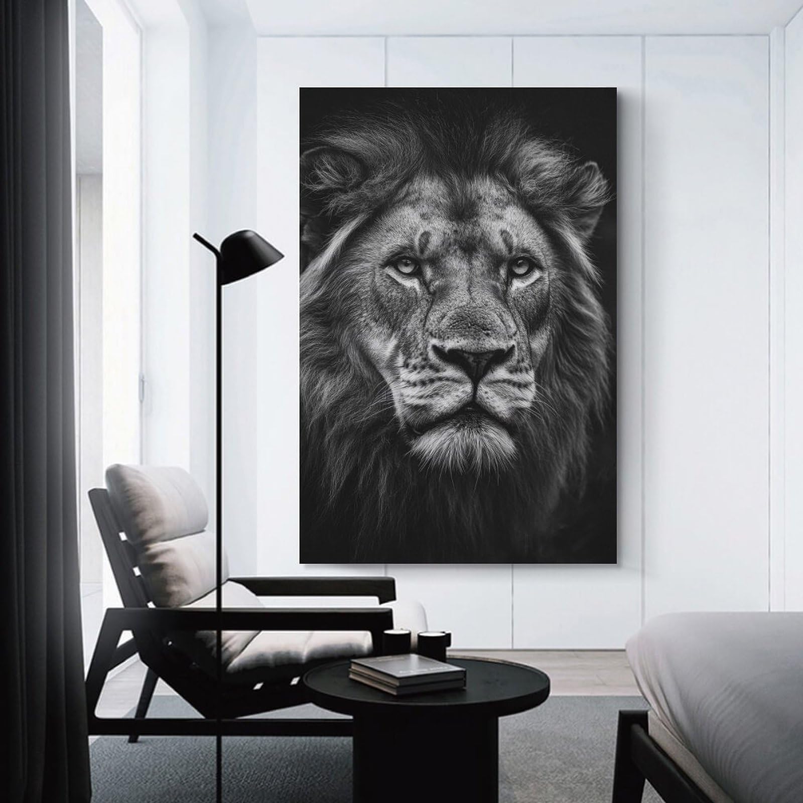 Junmoney Unframe-Style-21 Black And White Lion Portrait Phtoto Canvas Art Print 12X18inch(30X45cm), For Feature Walls In Flats Or Modern Rooms, Ideal For Building A Coordinated Art Wall