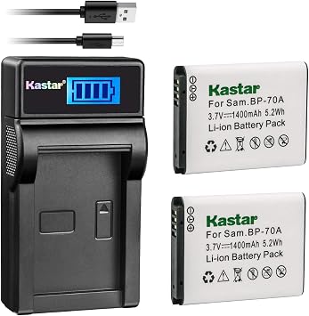 Kastar Battery X2 & Slim LCD Charger for Samsung BP-70A, BP70A, EA-BP70A and ES65 ES67 ES70 ES71 ES73 ES74 PL80 PL81 PL100 PL101 SL50 SL600 SL605 SL630 ST60 ST61 ST70 ST71 TL105 TL110 TL205