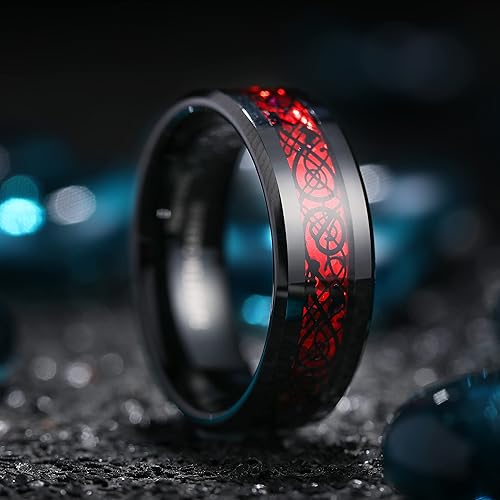 Miniatura 3 de King Will DRAGON - Anillo de carburo de tungsteno para hombre, 0.315 in, plateado, azul, negro, dragón celta, alianza de boda, acabado pulido