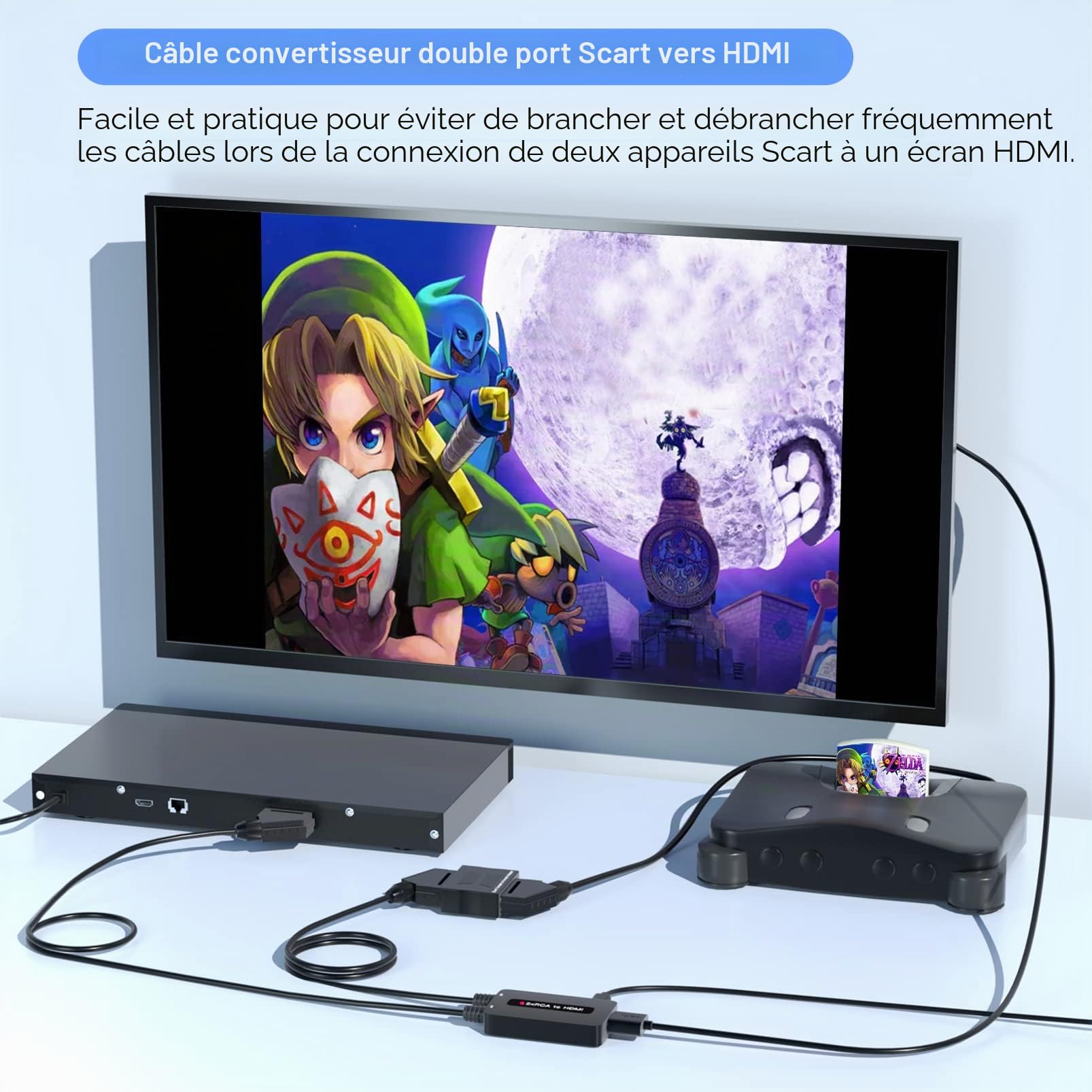 Convertisseur péritel double port vers HDMI - 2 entrées péritel, sortie HDMI, prend en charge les rapports d'aspect 4:3 et 16:9