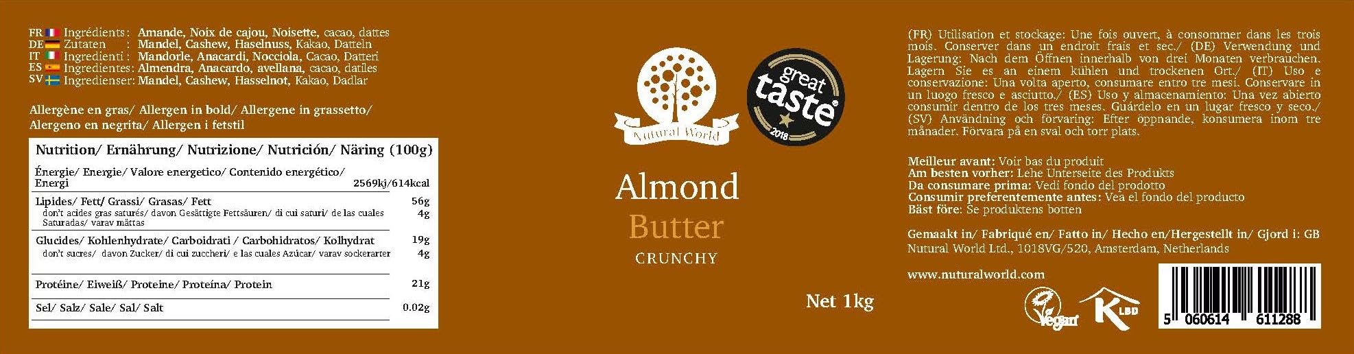 Nutural World - Mantequilla de almendra crujiente (1kg) - *** nuevo envase *** - Ganador del premio Great Taste