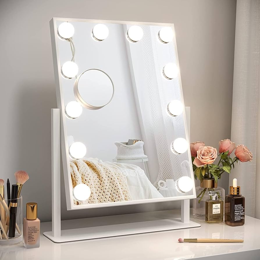 Specchio LED Da Trucco Hollywood | 58x45cm Con 3 Luci Dimmerabili E Porta USB | Bianco