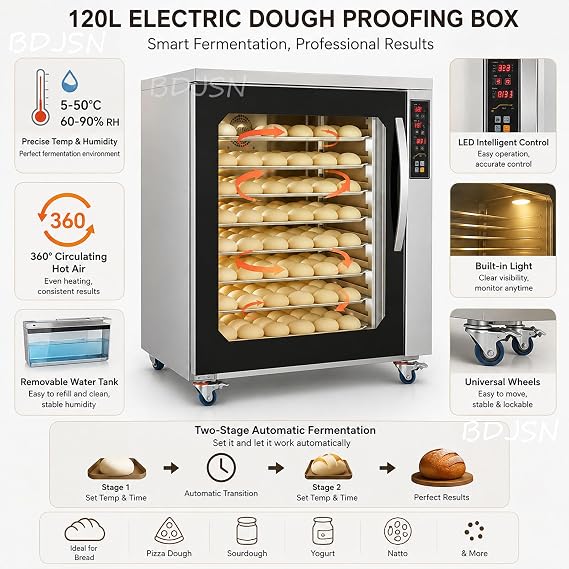120L Electric Dough Proofing Box, 5-50C & 60-90% RH Control, 360 Hot Air Circulation, LED Touch Panel, Stainless Steel Fermentation Machine for Bread, Pizza, Sourdough, Yogurt & Natto