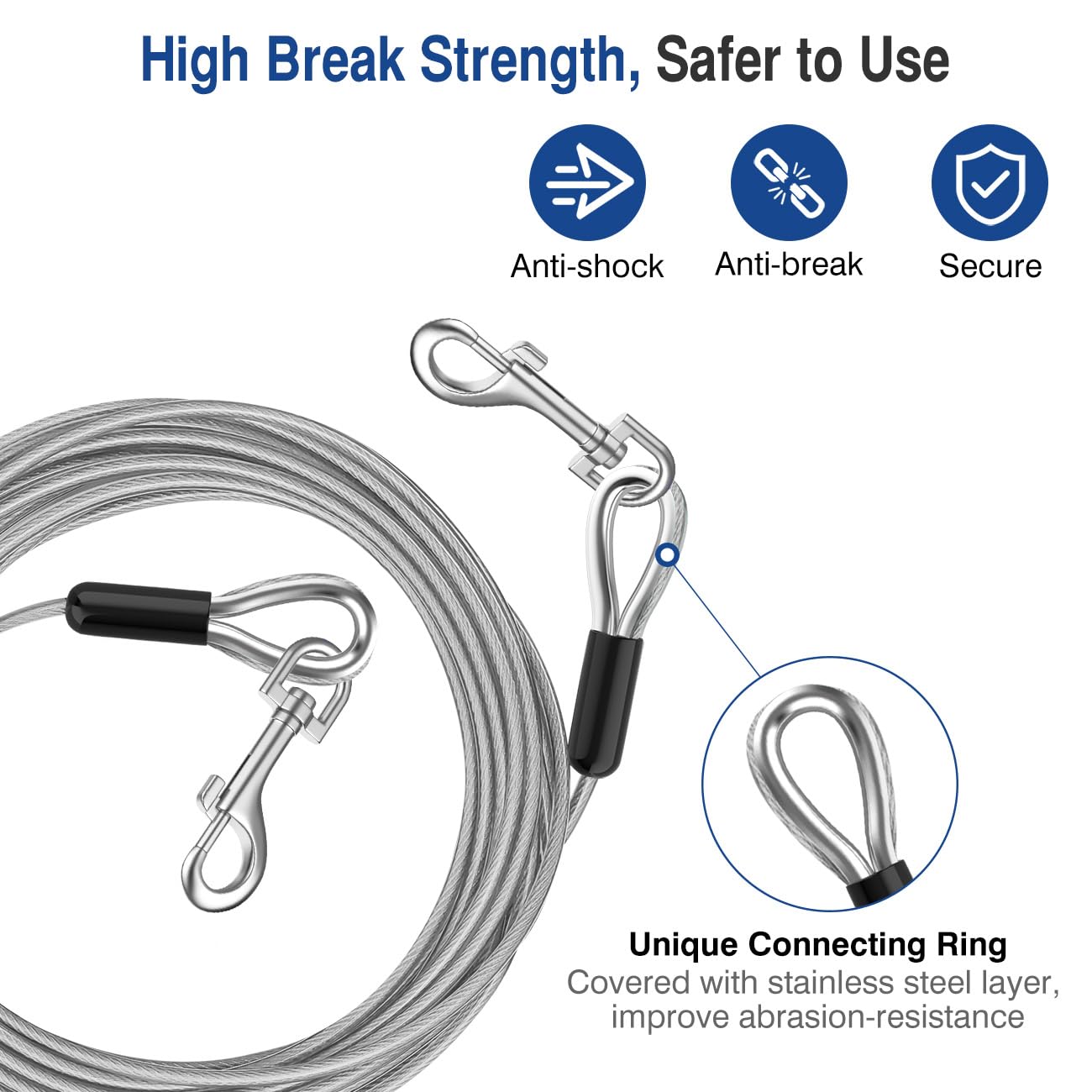 Pawaboo Cable de Amarre para Perros, 3m de Acero Resistente Con Gancho Giratorio 360° y Resorte de Choque para Pequeños y Grandes Hasta 125 lbs, Patio Acampada, Plata