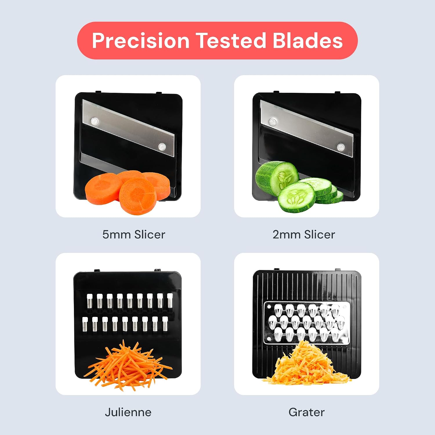 Fullstar Essential Mandoline Vegetable Slicer & Julienne Cutter | 4 in 1 Compact Fruit Cutter, Cucumber Slicer & Cheese Grater, with Stainless Steel Blades, Guard & 3-Cup Container (Black)