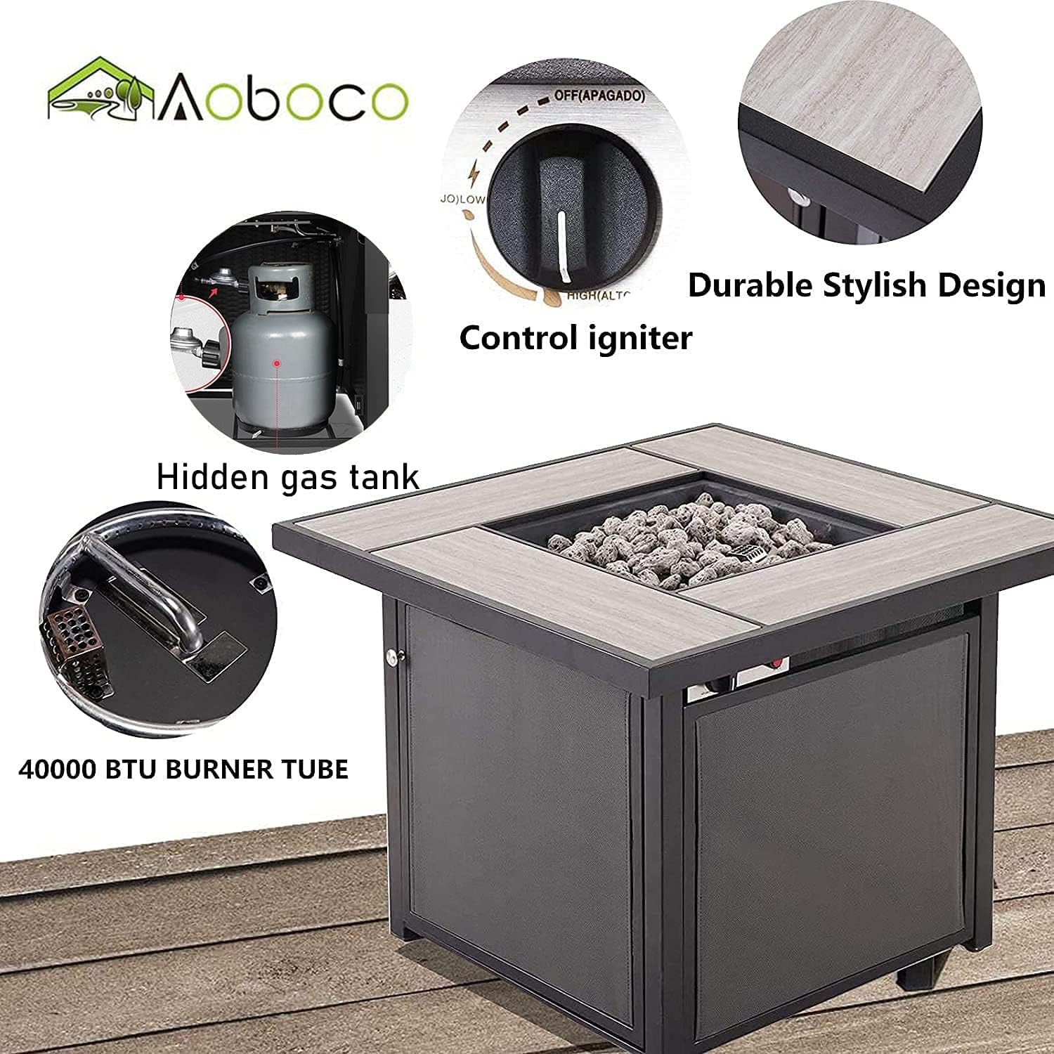 Outdoor Propane Fire Pits Table, 32 Inch Gas Fire Pit for Outdoor Square Gas Fire Table, 40,000 BTU Automatic Ignition Electronic Fire Pit with Lid and Lava Rock, for Garden Backyard Deck Patio