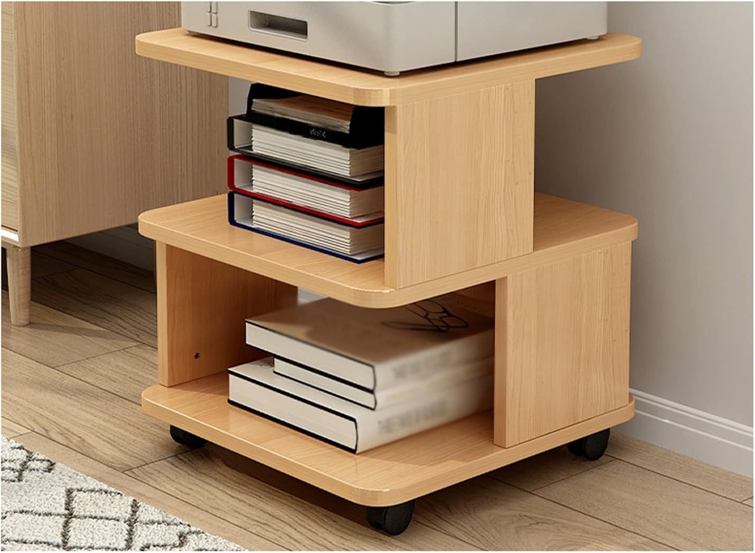 Book cartPrinter Desk 3-Tier Large Double Layer Printer Stand Printer Cart Floor Shelf Mobile Bracket Storage Under Desk Storage Cart with 4 Swivel Wheels for Home and Office (Log Color) Pr