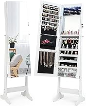 COSTWAY Standing Jewelry Cabinet, Lockable Mirror Jewelry Box, Acrylic Drawers, Interior Mirror, Lipstick Tray, with LED Light and Jewelry Storage(Style 2)
