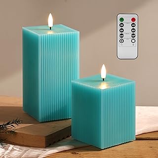 Turquoise Blue Flameless Candles with Remote, Square Ribbed LED Candles Battery Powered, Flickering Real Wax Set of 2