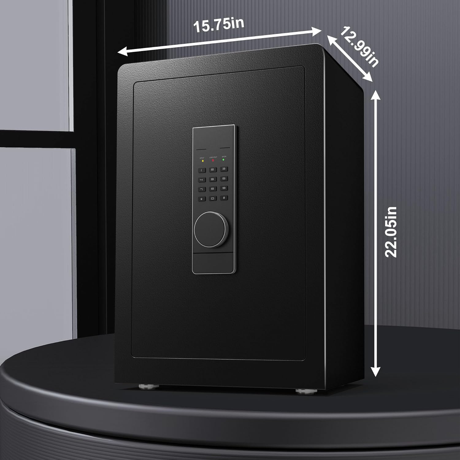 Image showing the dimensions of the safe (15.75in W x 12.99in D x 22.05in H) and indicating mounting points on the back and bottom for expansion bolts.