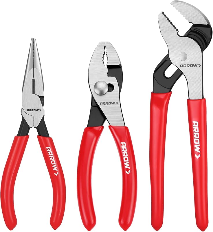 ARROW 3PCS Pliers Set, Premium Carbon Steel | 6" Needle Nose Pliers, 6" Slip Joint, 8" Groove Joint with Non-Slip Handle, for Daily Repair & Home Maintenance