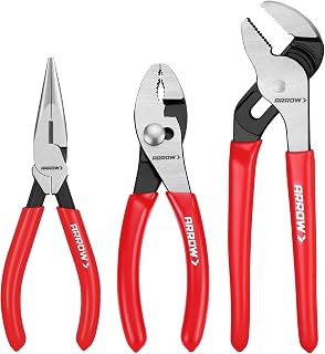ARROW 3PCS Pliers Set, Premium Carbon Steel | 6" Needle Nose Pliers, 6" Slip Joint, 8" Groove Joint with Non-Slip Handle, for Daily Repair & Home Maintenance