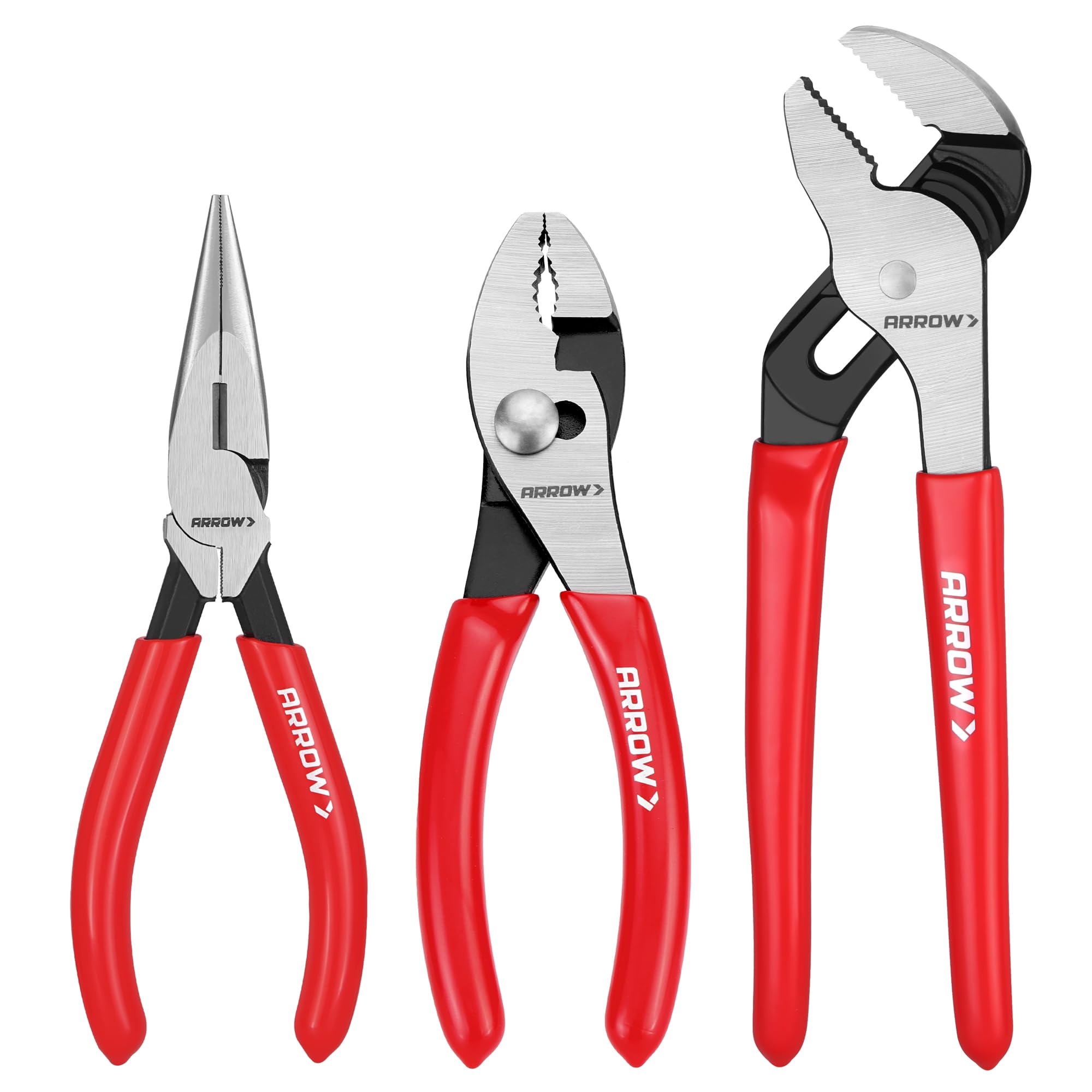 ARROW 3PCS Pliers Set, 6" Needle Nose Pliers, 6" Slip Joint, 8" Groove Joint with Non-slip Handle, Premium Carbon Steel, for Daily Repair & Home