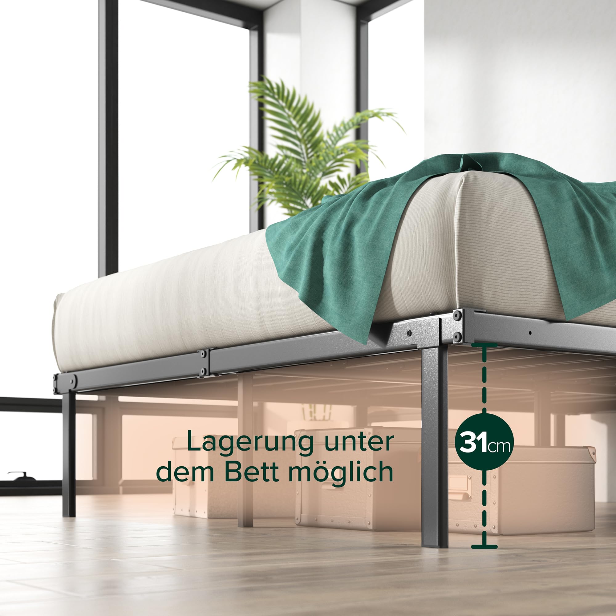 Zinus Caleb łóżko 140 x 200 cm – wysokość 36 cm z miejscem do przechowywania pod łóżkiem – metalowa rama łóżka – składana rama łóżka – czarne