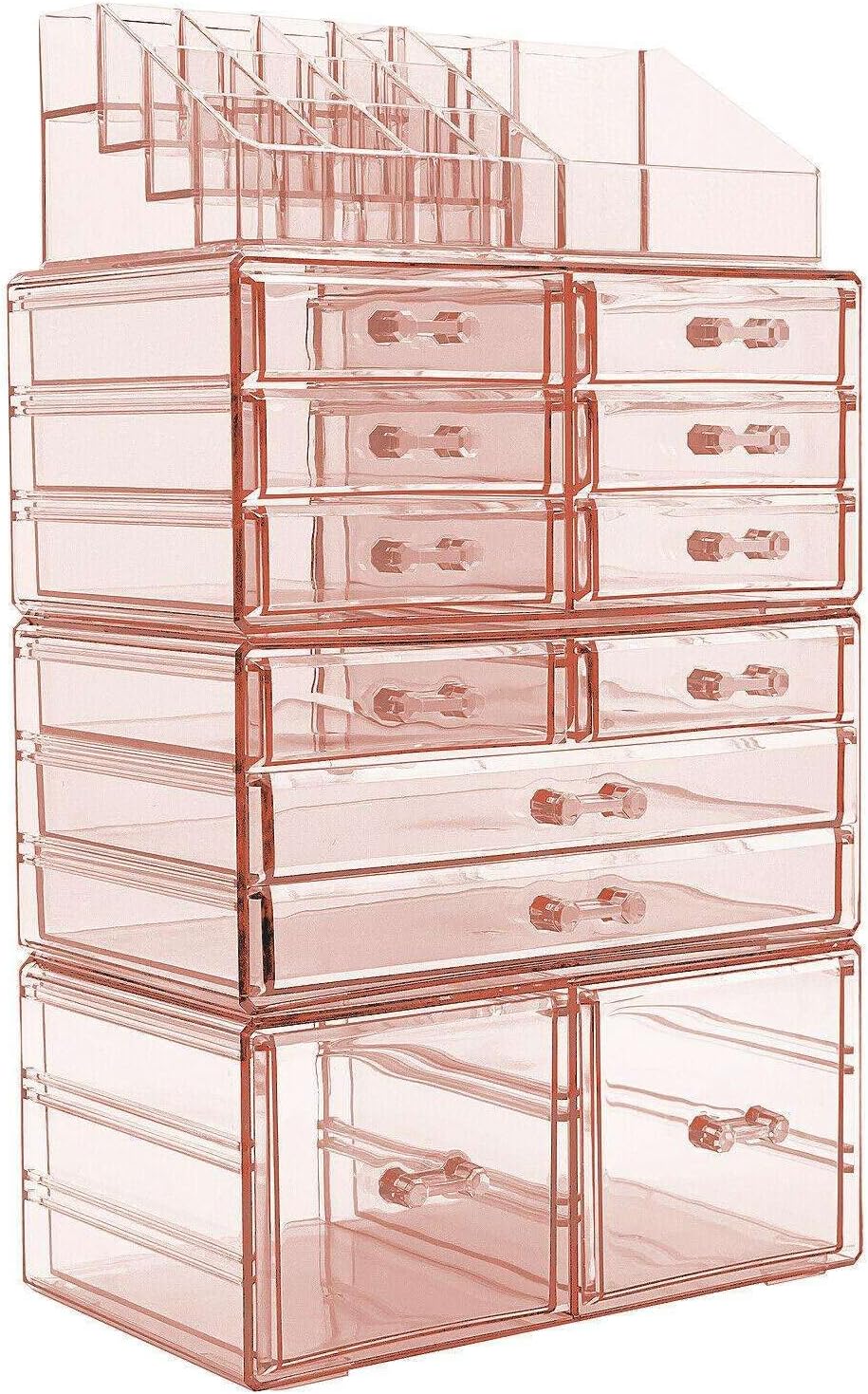 LKOP Extra Large Acrylic Makeup Organizer - 12 Drawers & 16 Comportments Storage Box Rose Pink Cosmetic-display-cases Makeup organizer Bathroom organizer Makeup bag Storage cabinet Bathroom stor
