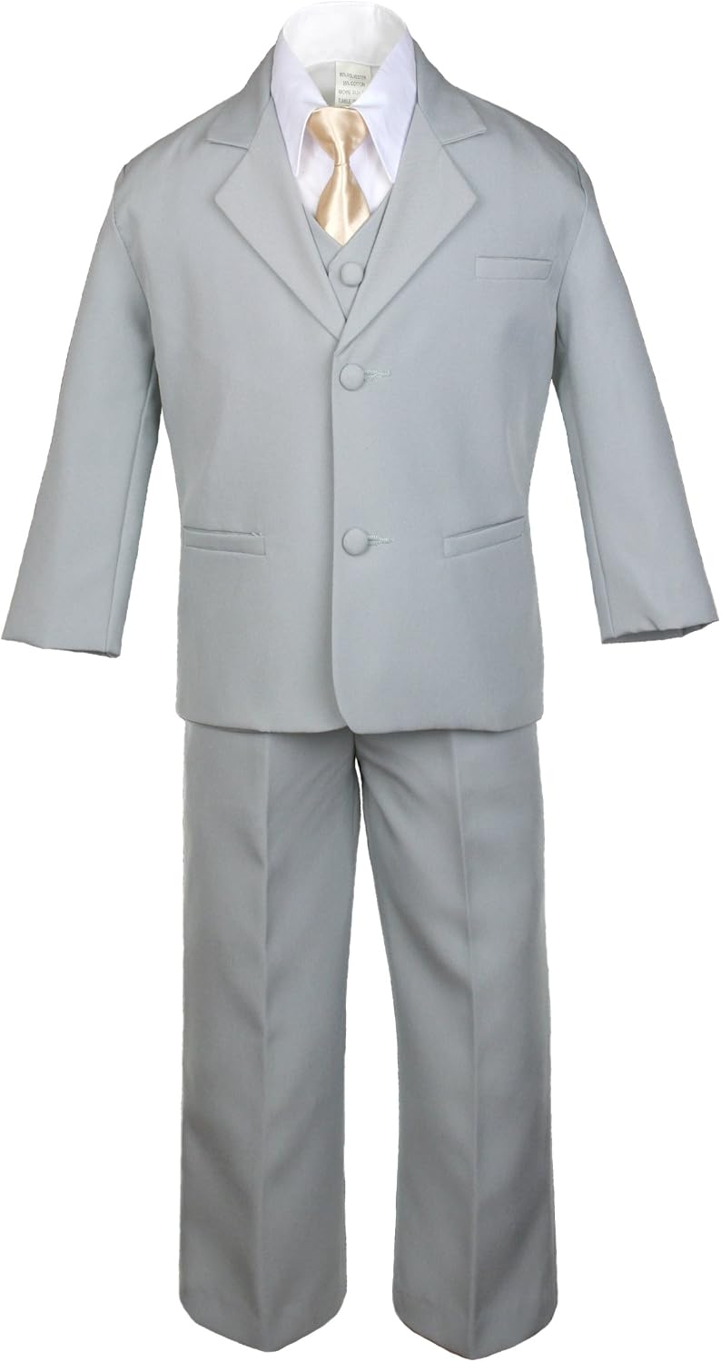 6pc Boy Gray Suit with Satin Light Champagne Necktie Outfits Baby to Teen