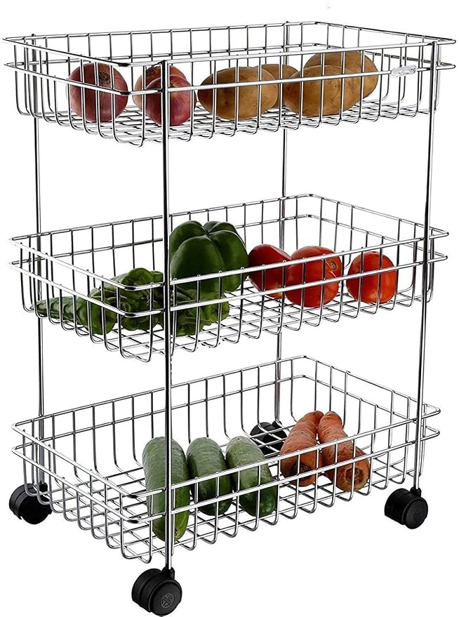 Rasvesh Rust Free Stainless Steel Fruit and Vegetable Stand Basket Trolley Modern Onion Potato Kitchen Storage Steel Rack -Triple Tire Trolley Shelf (Silver) (3 Layer Trolley)