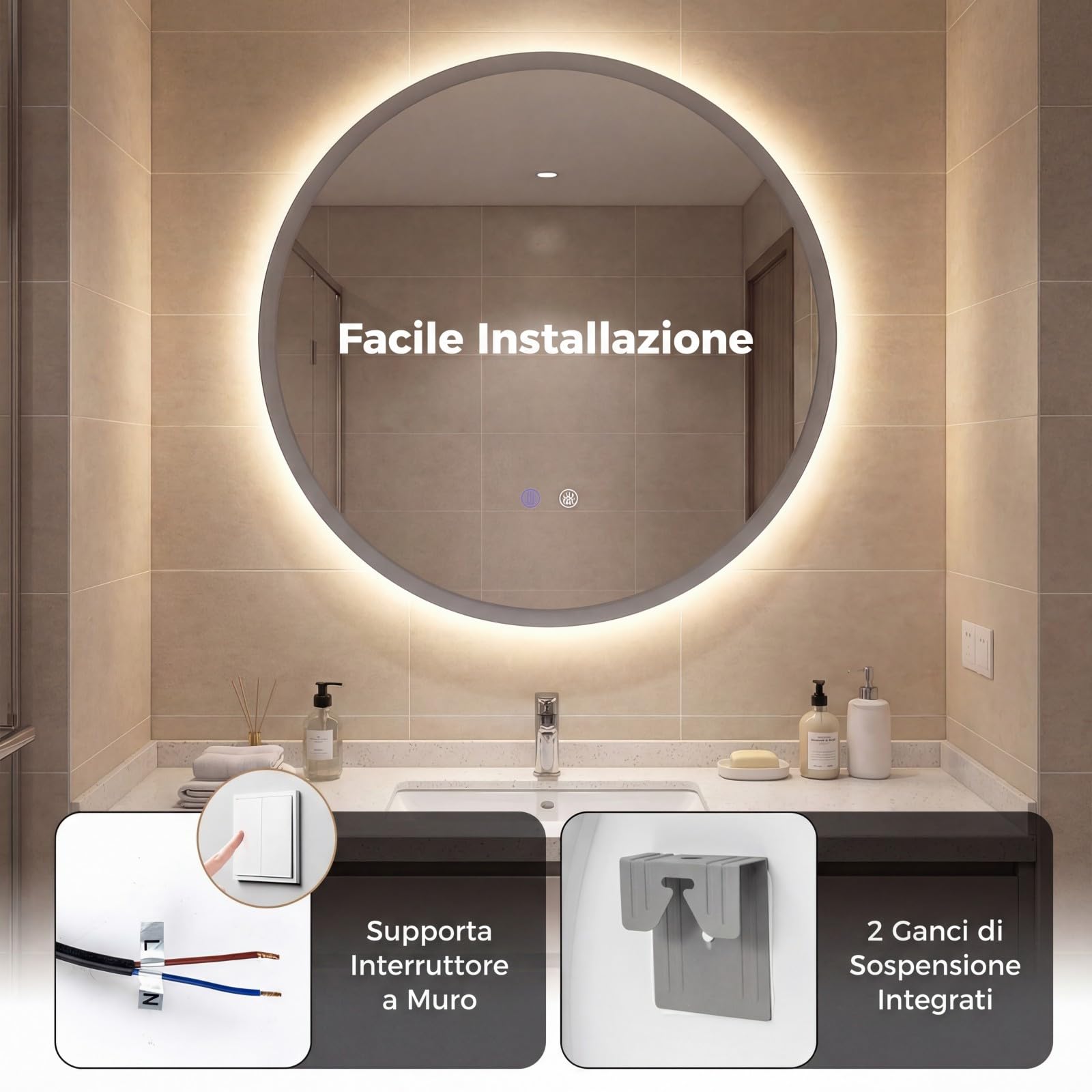 COSTWAY Specchio Rotondo con Luce 60 cm, Specchio Retroilluminato Bagno con 3 Colori Luce, Antideflagrante, Antiappannamento, Luminosità Regolabile, IP44, Memoria e Vetro Temperato HD (60 x 60 cm)