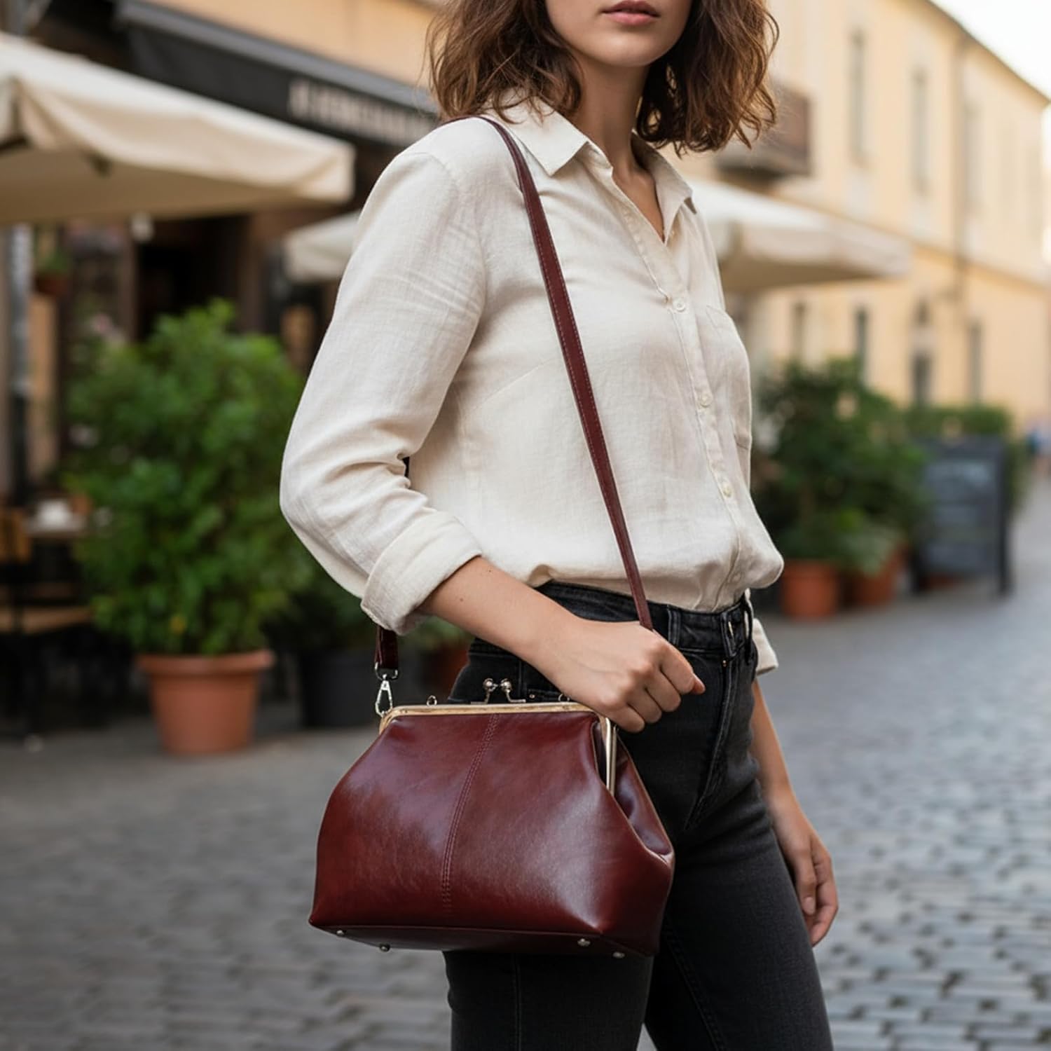 Kiss Lock Clasp Crossbody Bag for Women, PU Leather Adjustable Shoulder Bag & Evening Clutch Purse, Trendy Handbag/Tote - Image 2