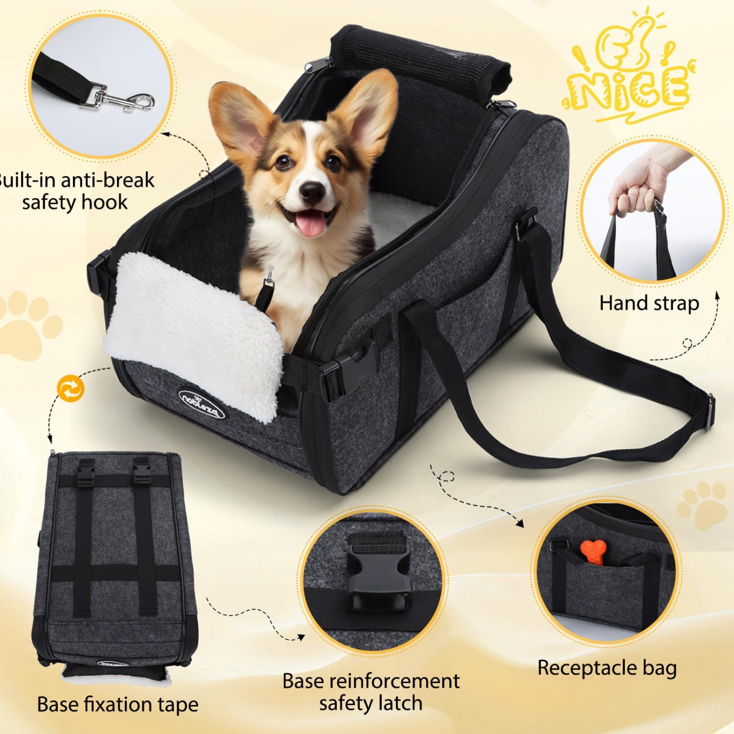 Nobleza Dog Car Seat for Center Console, Detachable Console Pet Seat for Small Puppy Cat Kitten with Safety Protective Hooks, Adjustable Straps Storage Pocket & Safety Leash for Outdoor Travel