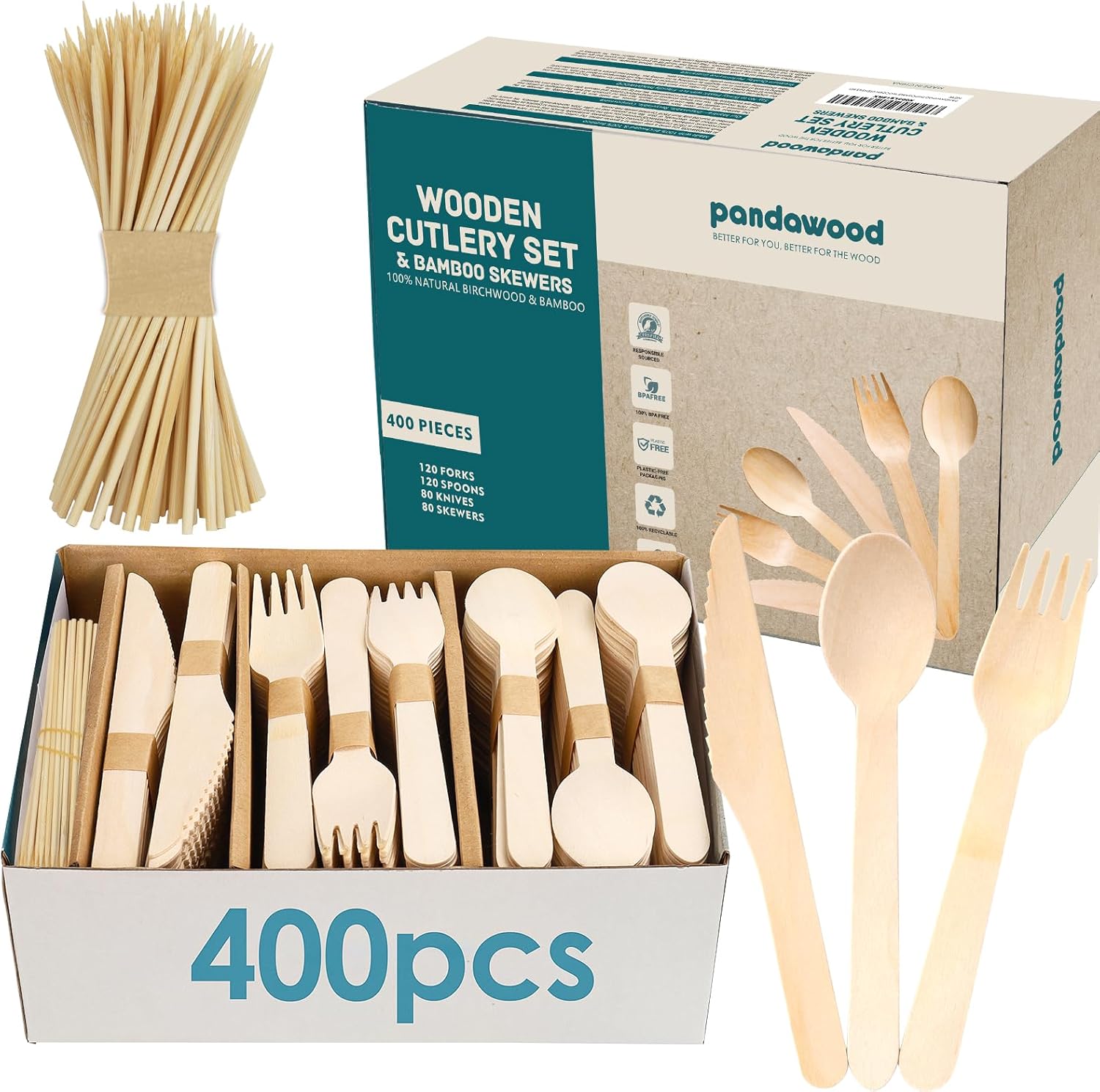 PANDAWOOD Compostable Wooden Utensils Mixed 400 Count