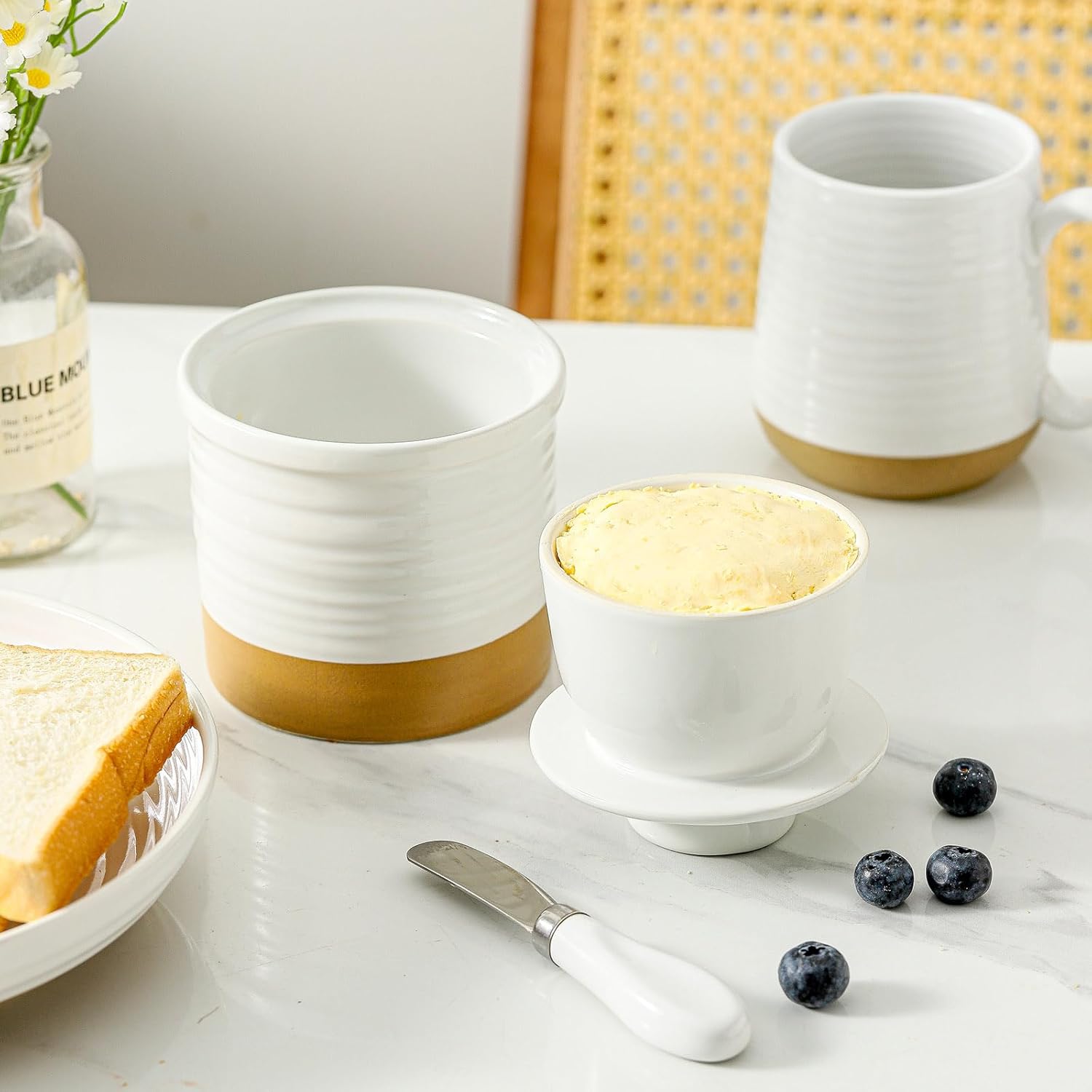 Hasense Butter Dish & Ceramic Serving Bowls Set, White Kitchen Essentials