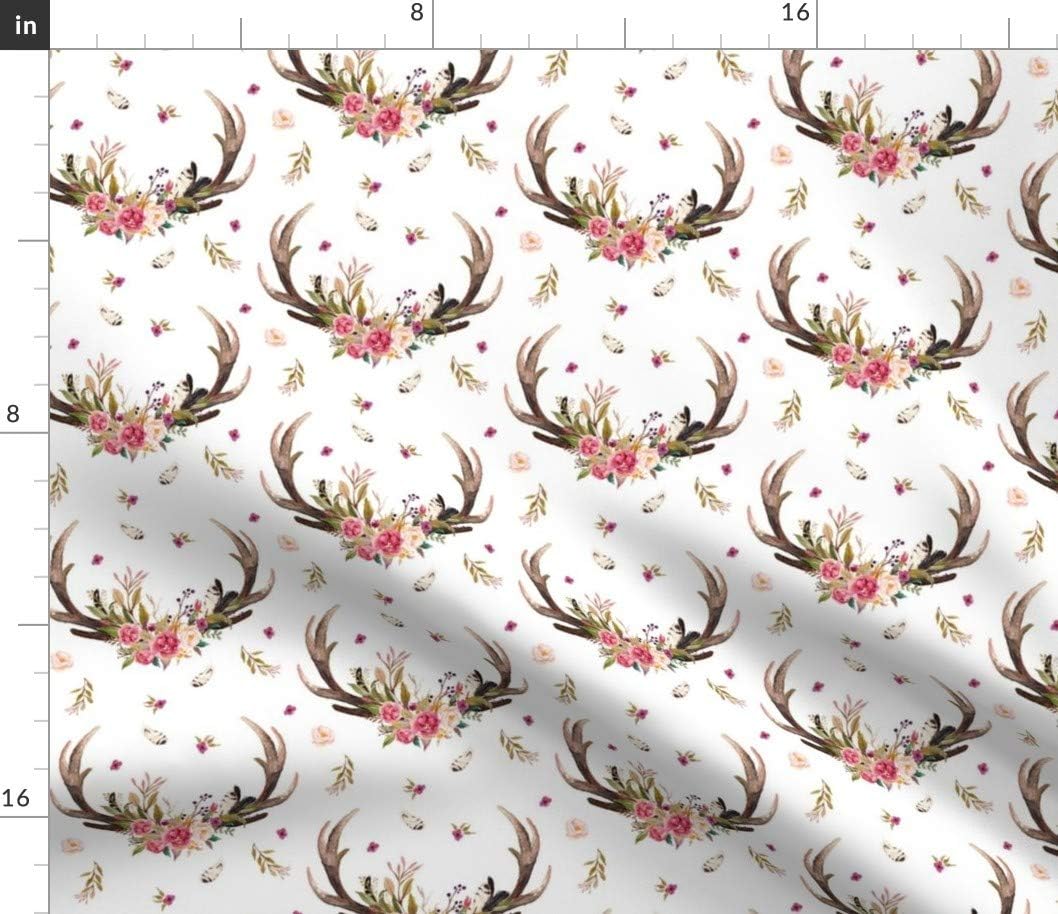 Spoonflower Fabric - Antlers Flowers Pink Floral Feathers Deer Antler Girl Nursery Boho Printed on Petal Signature Cotton Fabric by The Yard - Sewing Quilting Apparel Crafts Decor