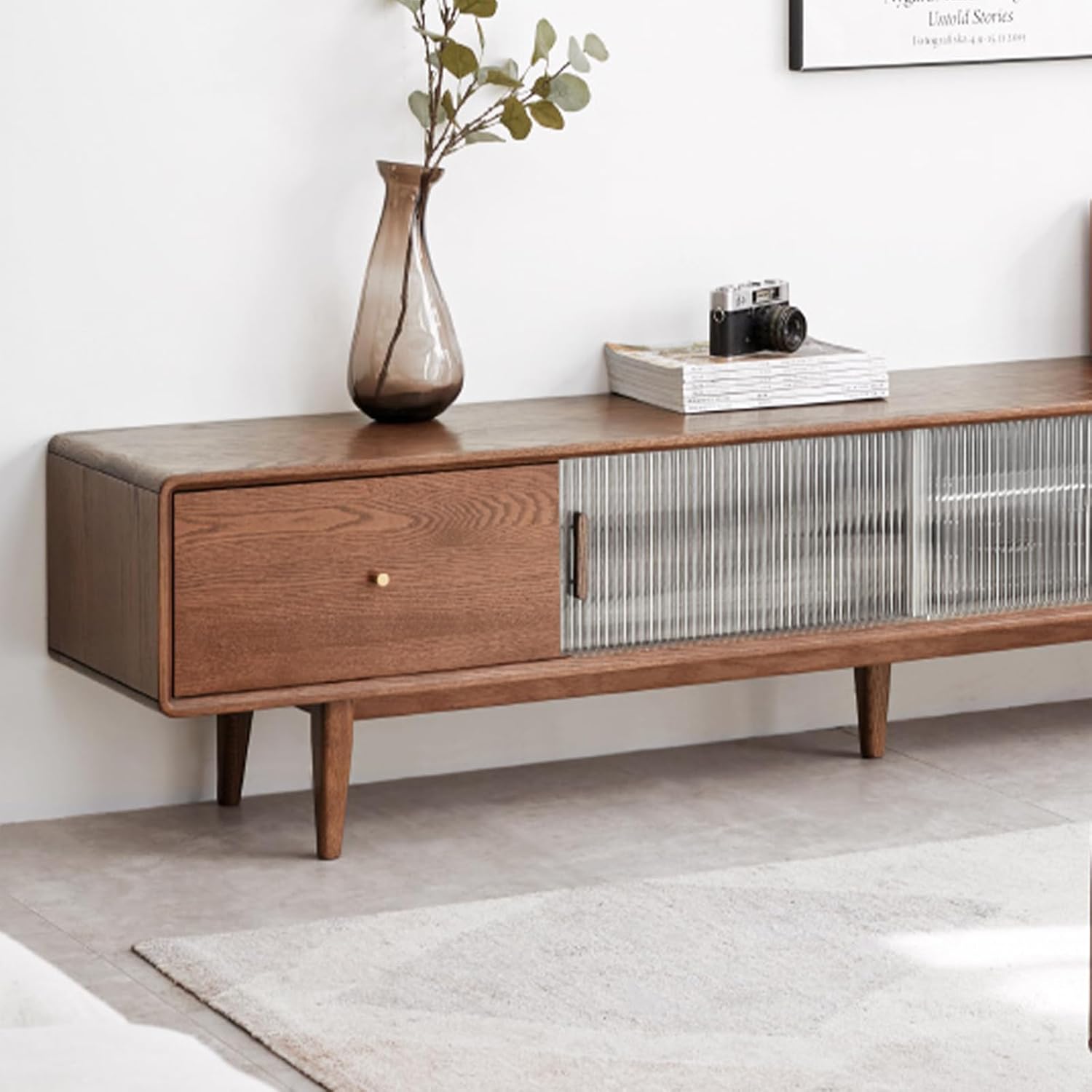 Mid Century Modern TV Stand,Dark Walnut TV Console,North America FAS Grade Solid Oak Wood TV Cabinet with 2 Glass Doors, 3 Drawer Storage Space,Entertainment Center for TVs up to 80 Inches