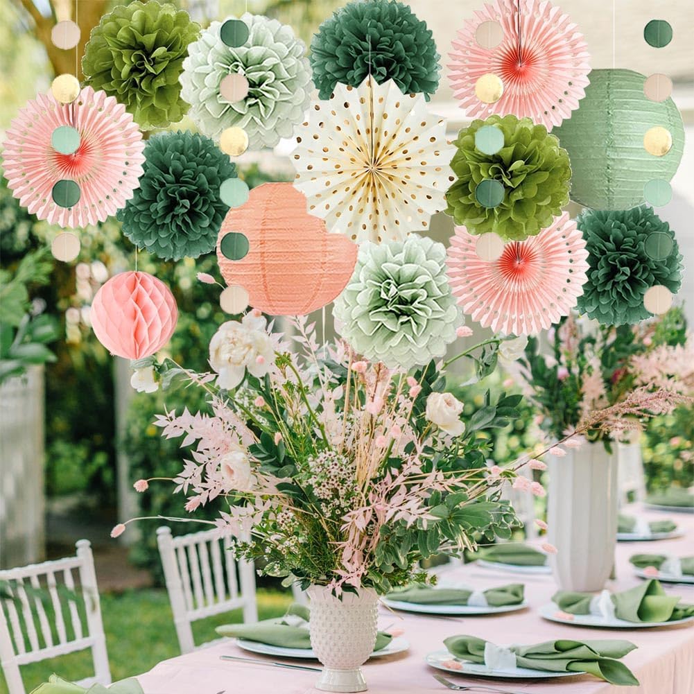 Retro Olive Sage Green and Pink Party Decorations Boho Sage Green and Peach Party Decorations Paper Fans Olive Poms Peach Lanterns for Birthday Baby Shower Bridal Shower Wedding Engagement Graduation