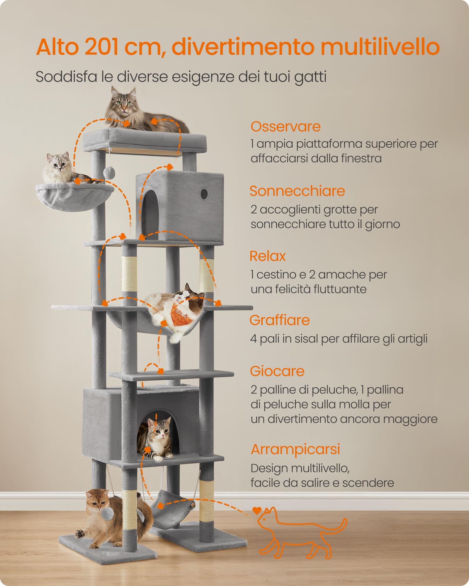 Feandrea Albero per Gatti Grande, Tiragraffi Multilivello XXL, Alto 201 cm, con una Piattaforma, un'Amaca, 2 Casette per Gatti, 2 Amache, Kit Antiribaltamento, Grigio Chiaro PCT195G01V1
