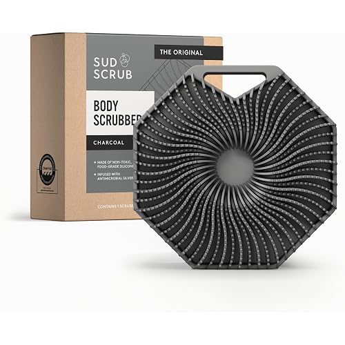 Sud Scrub® Antimicrobial Silicone Body Scrubber, Exfoliating Body Brush for Sensitive Skin, Antibacterial Shower Scrubber for Body, Bathroom Essentials for Men & Women, Charcoal