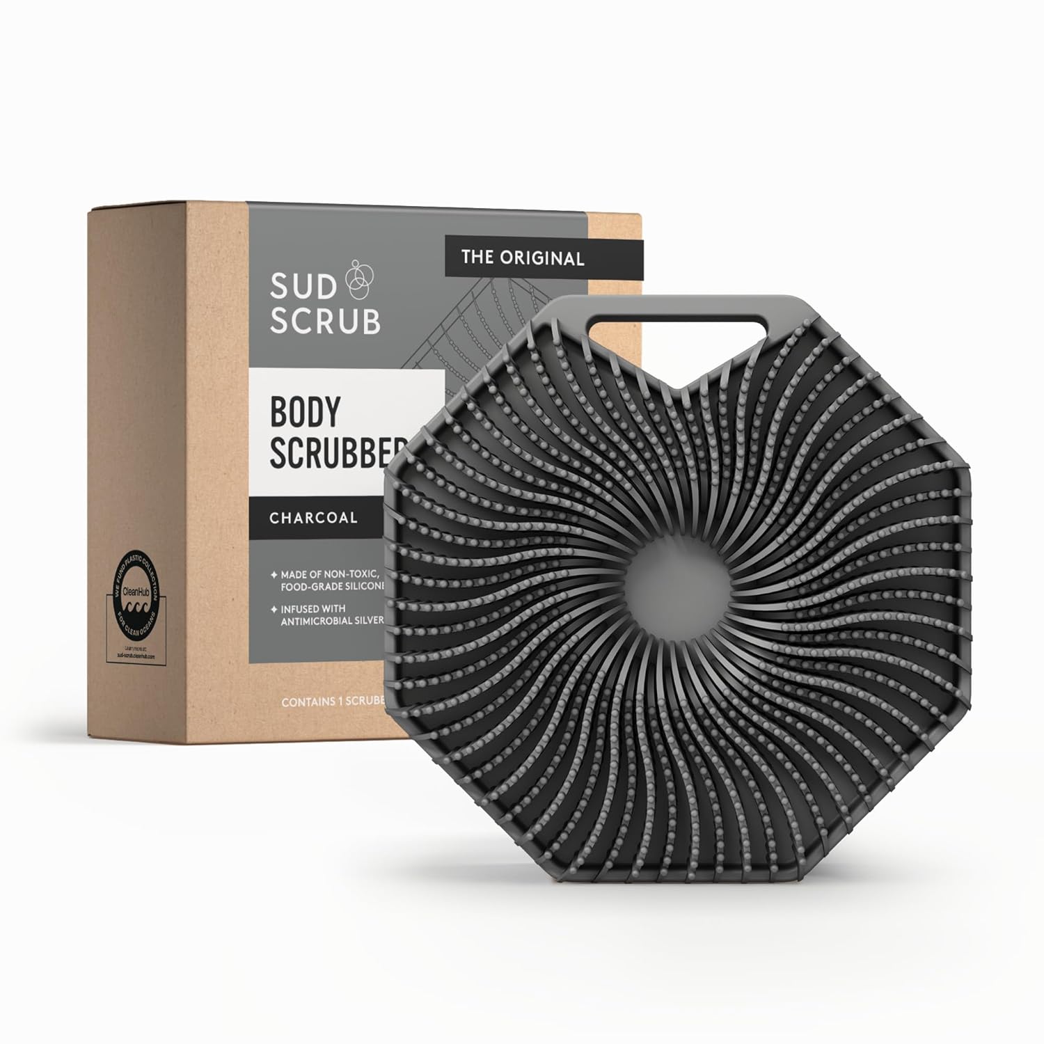 Sud Scrub® Antimicrobial Silicone Body Scrubber, Exfoliating Body Brush for Sensitive Skin, Antibacterial Shower Scrubber for Body, Bathroom Essentials for Men & Women, Charcoal