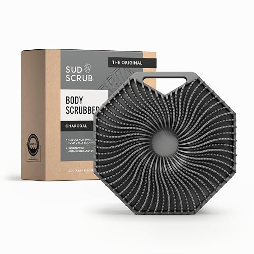 Sud Scrub® Antimicrobial Silicone Body Scrubber, Exfoliating Body Brush for Sensitive Skin, Antibacterial Shower Scrubber for Body, Bathroom Essentials for Men & Women, Charcoal
