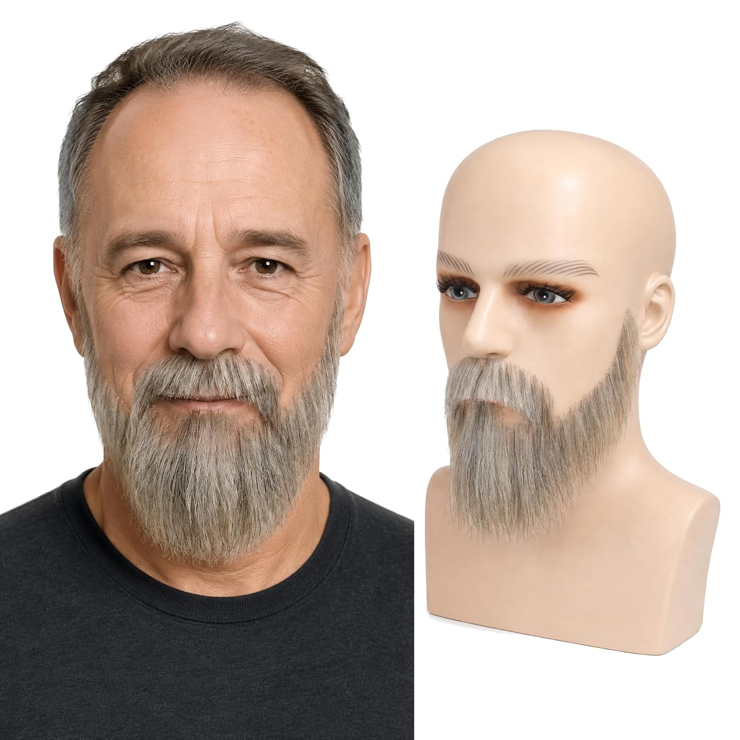Light Gray Real Human Hair Stick-On Beard and Mustache with Adhesive Tape for Costumes