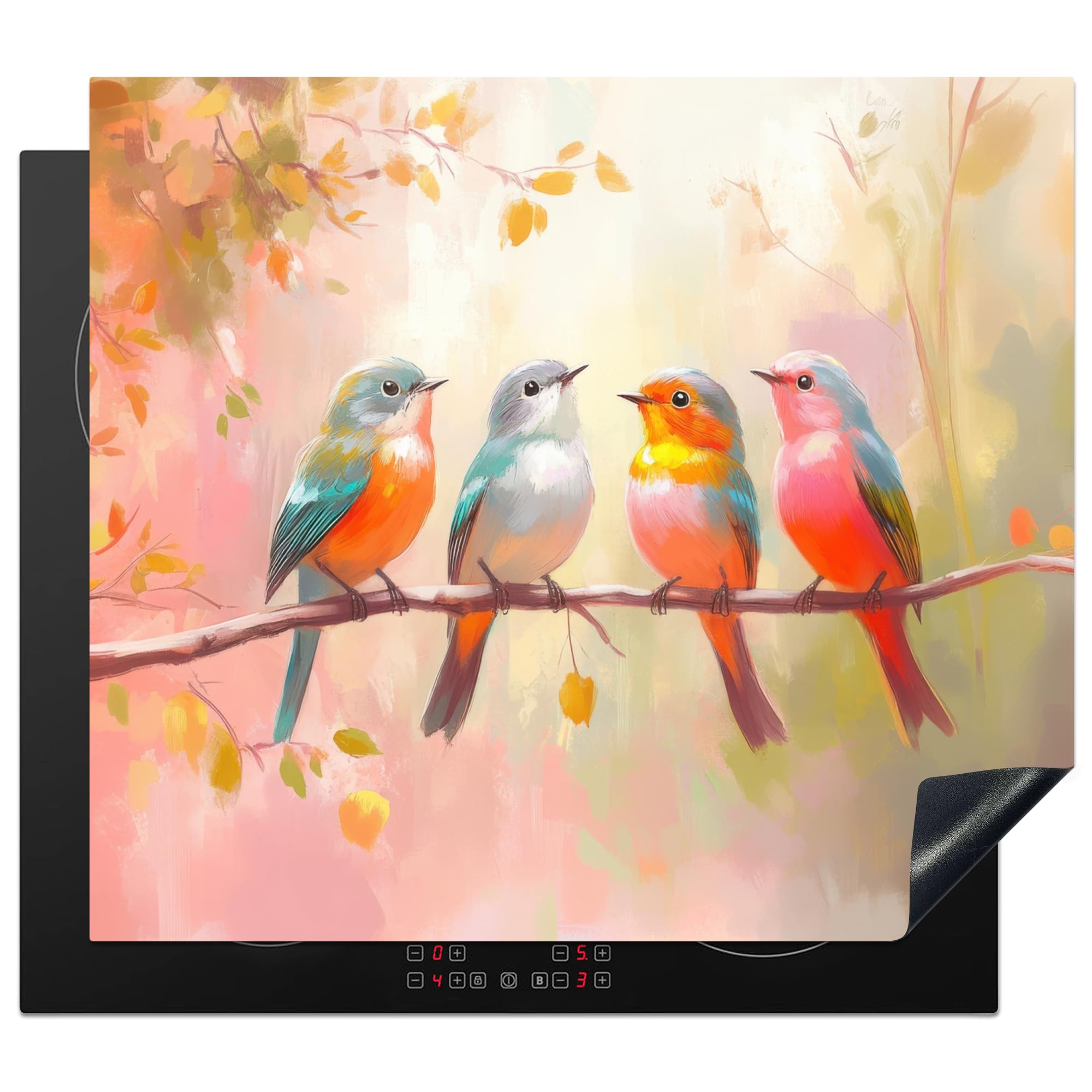 KitchenYeah© Induction Hob Cover Protector Mat 20.2"x22.9" / 58.3x51.3 cm Kitchen Universal Ceramic Covers for Electric Cookers Vinyl Birds - Colourful - Branch