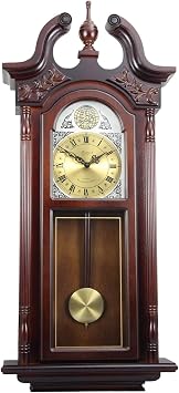 Clock Collection Cherry Oak 38 in. Antique Chiming Wall Brown Classic Rectangular Glass Wood Finish Roman Numeral Display Automatic Chime Shut Off