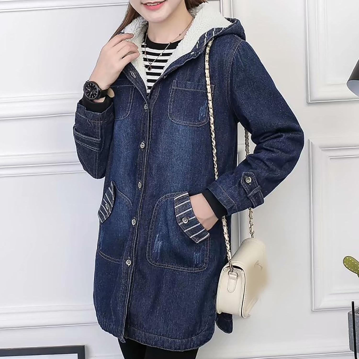 NATHGAM Long Denim Hoodie Jacket for Women Sherpa Fleece Lined Button Jean Coat Oversized Winter Denim Trucker Jacket Outwear
