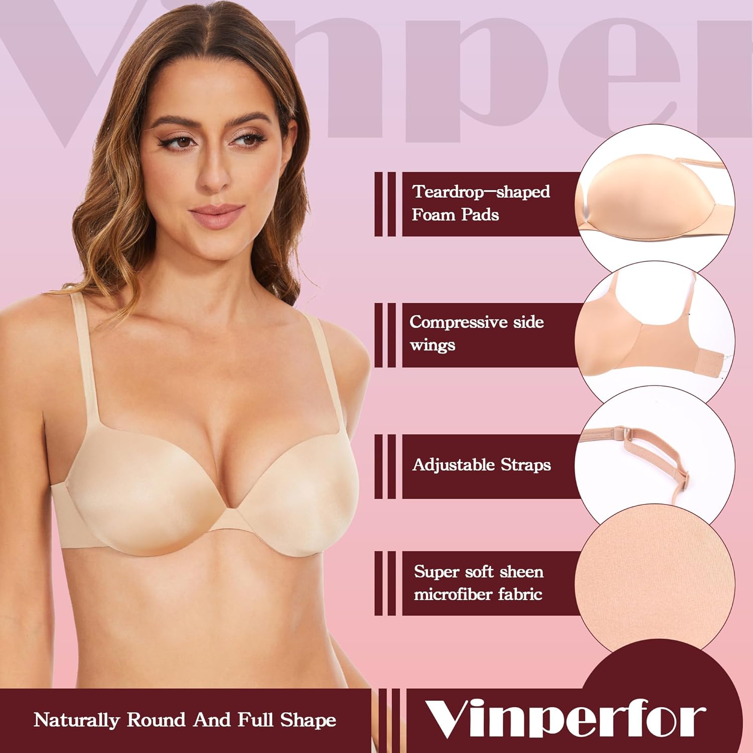 Women's Plunge Push Up Bra-Scoop Neckline Invisible Underwire Low Back-Sexy Demi Balconette T Shirt Bra for Comfort Lift