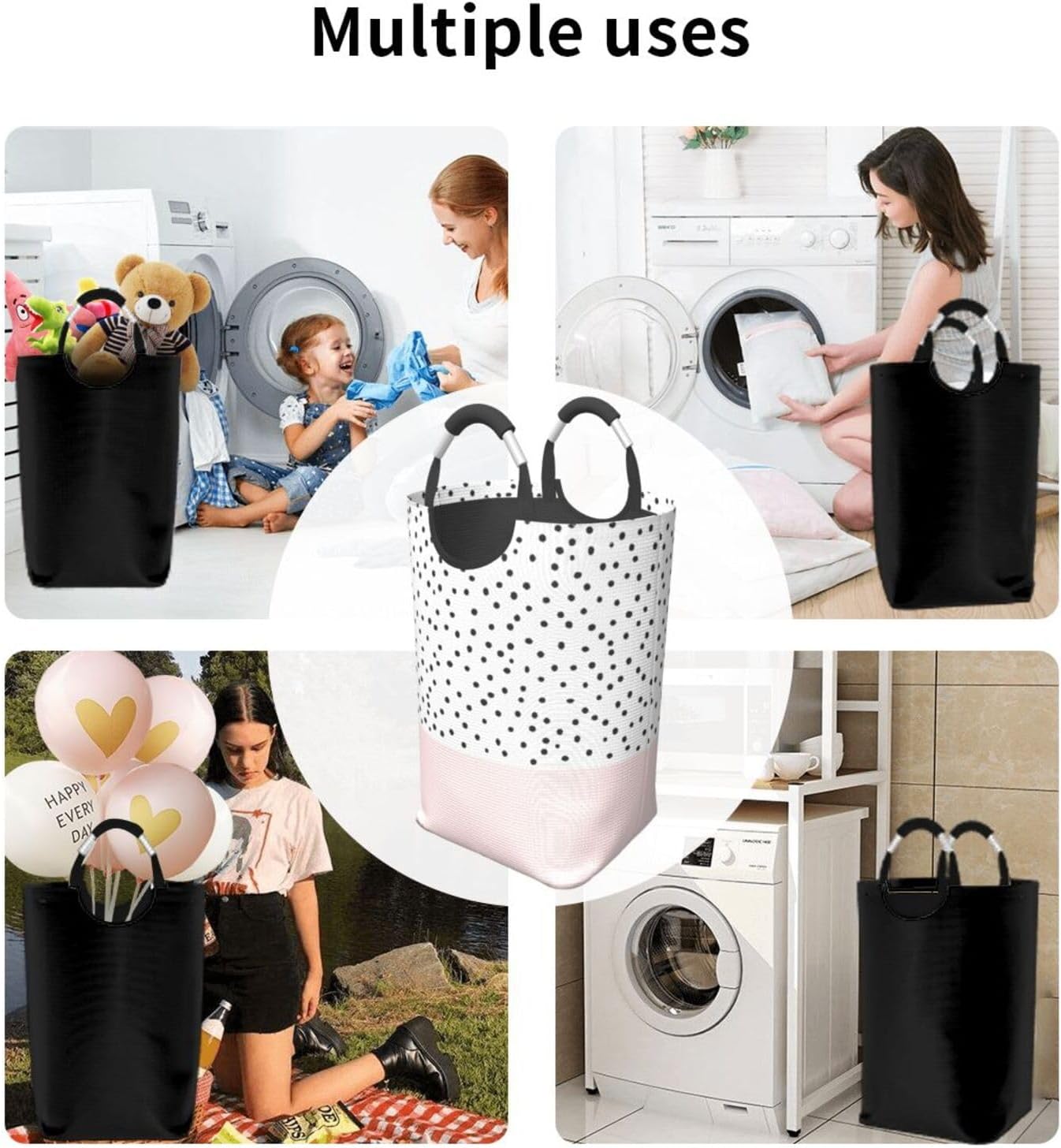 Large Laundry Basket, Blush Pink Black Polka Dots Pattern Laundry Hamper Bag Collapsible Washing Bin With Handles for College Dorm, Family Essentials Storage