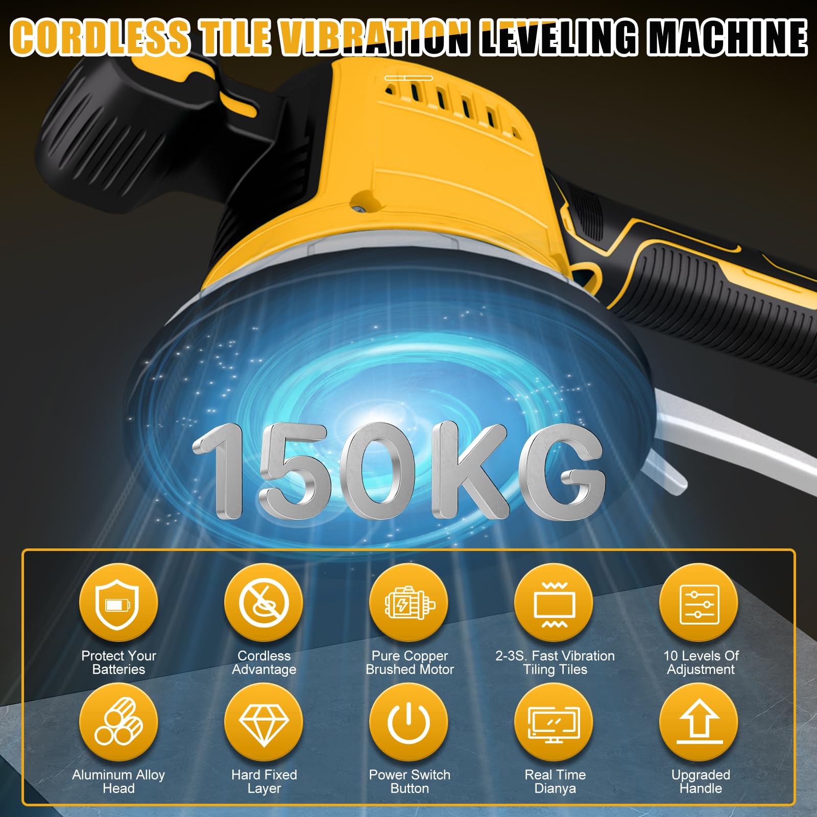 Fliesenleger Maschine Elektrische für Dewalt 18V,20v, Elektrische Fliesenvibrator 148 x 148 mm Saugnapf 10 Gänge Einstellbar 160kg Aufnahmekapazität von Fliesen & Wandfliesen (Ohne Akku)