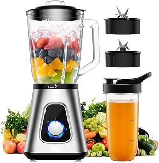Countertop Blenders, 1300W Multi-Function High Speed Blender, 1.5 liters Glass Smoothie Maker, 600ml Travel Bottles, Stainless Steel Blades, Anti-Slip Base, Perfect for Juices, Sha