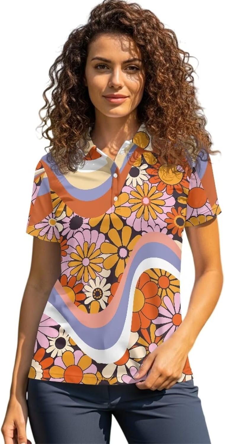 POLERO Hippie Athletic Shirts Women Short Sleeve Golf Shirts 70S Collared Tennis Tops Retro Casual Outfits