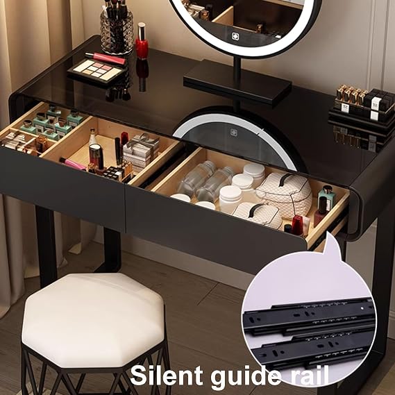 Makeup Vanity Desk, Small Vanity Table, Makeup Vanity with Lights and Mirror, Black Vanity Desk with Chair Tempered Glass for Bedroom, Makeup Studio(Round stool,70x40x78cm)