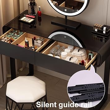 Makeup Vanity Desk, Small Vanity Table, Makeup Vanity with Lights and Mirror, Black Vanity Desk with Chair Tempered Glass for Bedroom, Makeup Studio(Round stool,70x40x78cm)